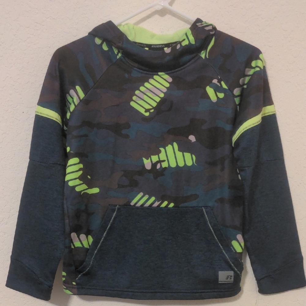 Russell Boys Hooded Blue, Brown Fleece Pullover Sweatshirt Size 10/12